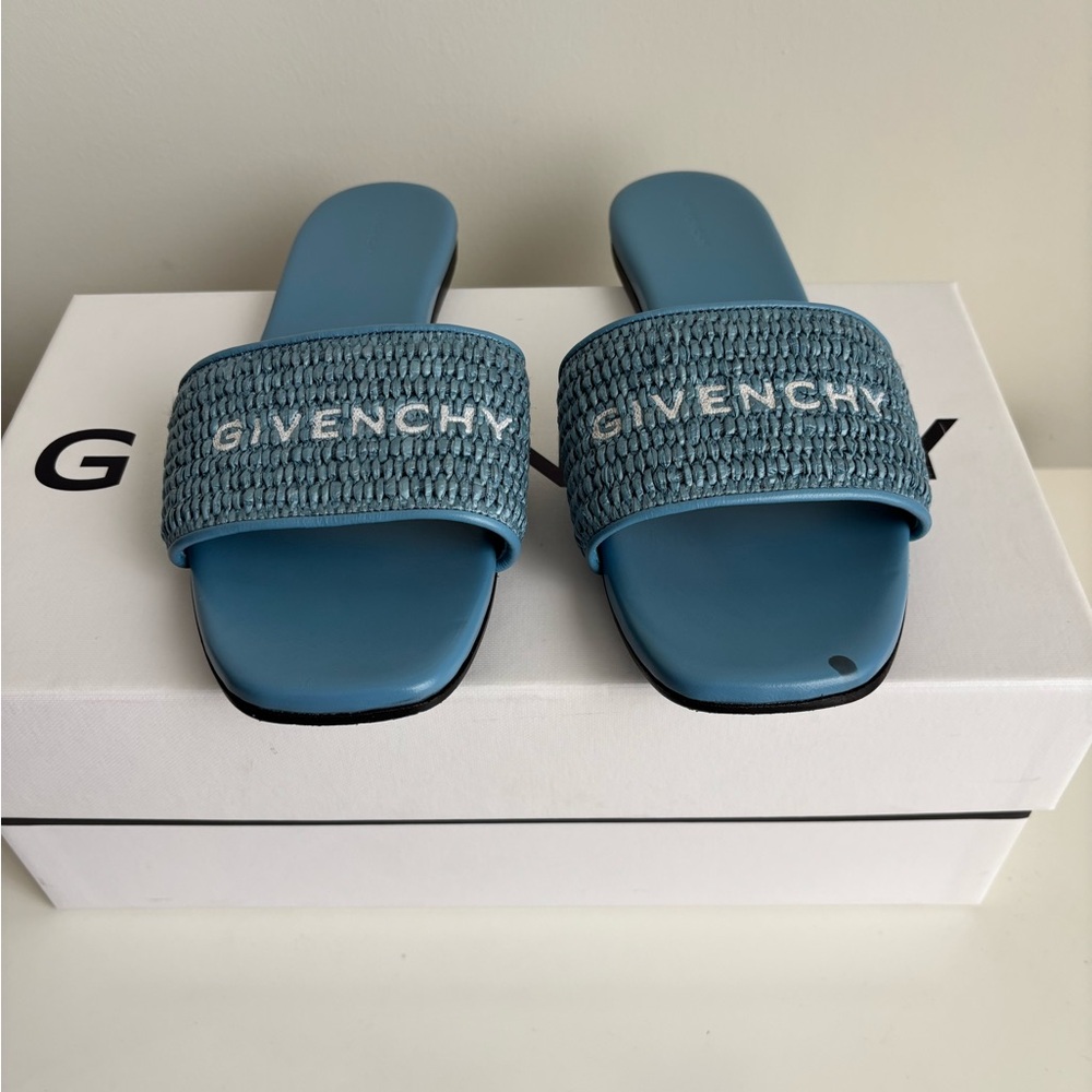 Givenchy 4G Flat Raffia Slide Sandals - Denim Blue